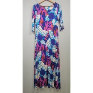 Soft Surroundings Womens S Petite Serena Floral Stretch Maxi Dress Blue